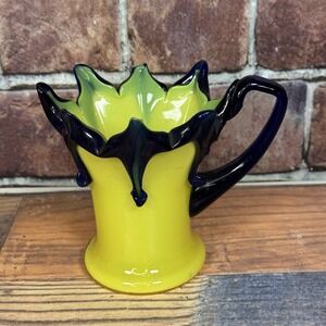 Vintage Czech Art Glass Cobalt Blue Yellow Tango Vase Pitcher UV Reactive - READ